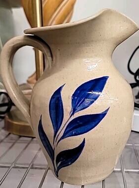 Beige & Blue Glossy Pottery Pitcher, Hand Painted Floral, Handle, Impressed